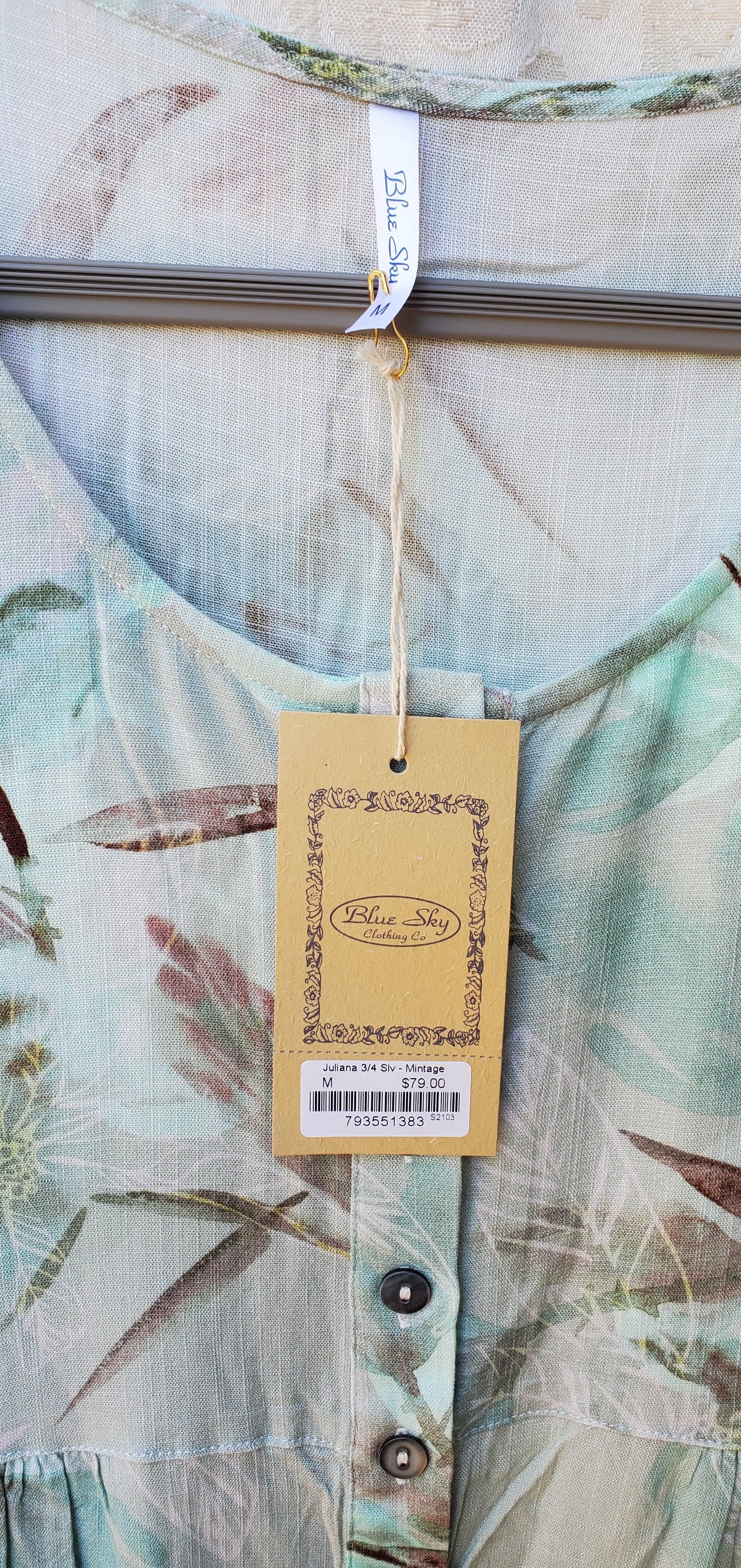 Blue Sky Clothing Bamboo Linen Button Front Green Floral Dress Pocket Size M NWT