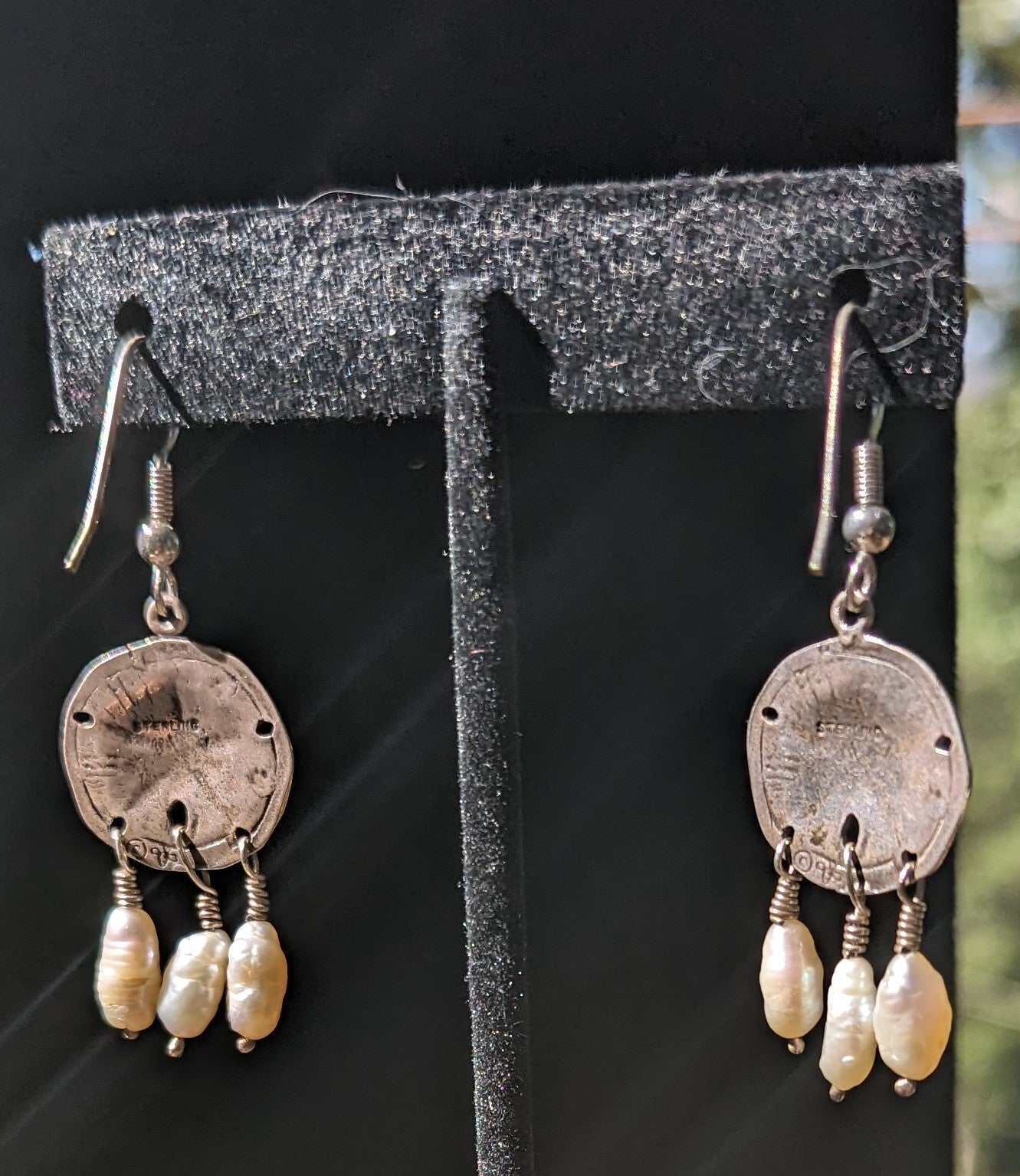 Vintage Sterling Silver Freshwater Pearl Sand Dollar Dangle Drop Earrings