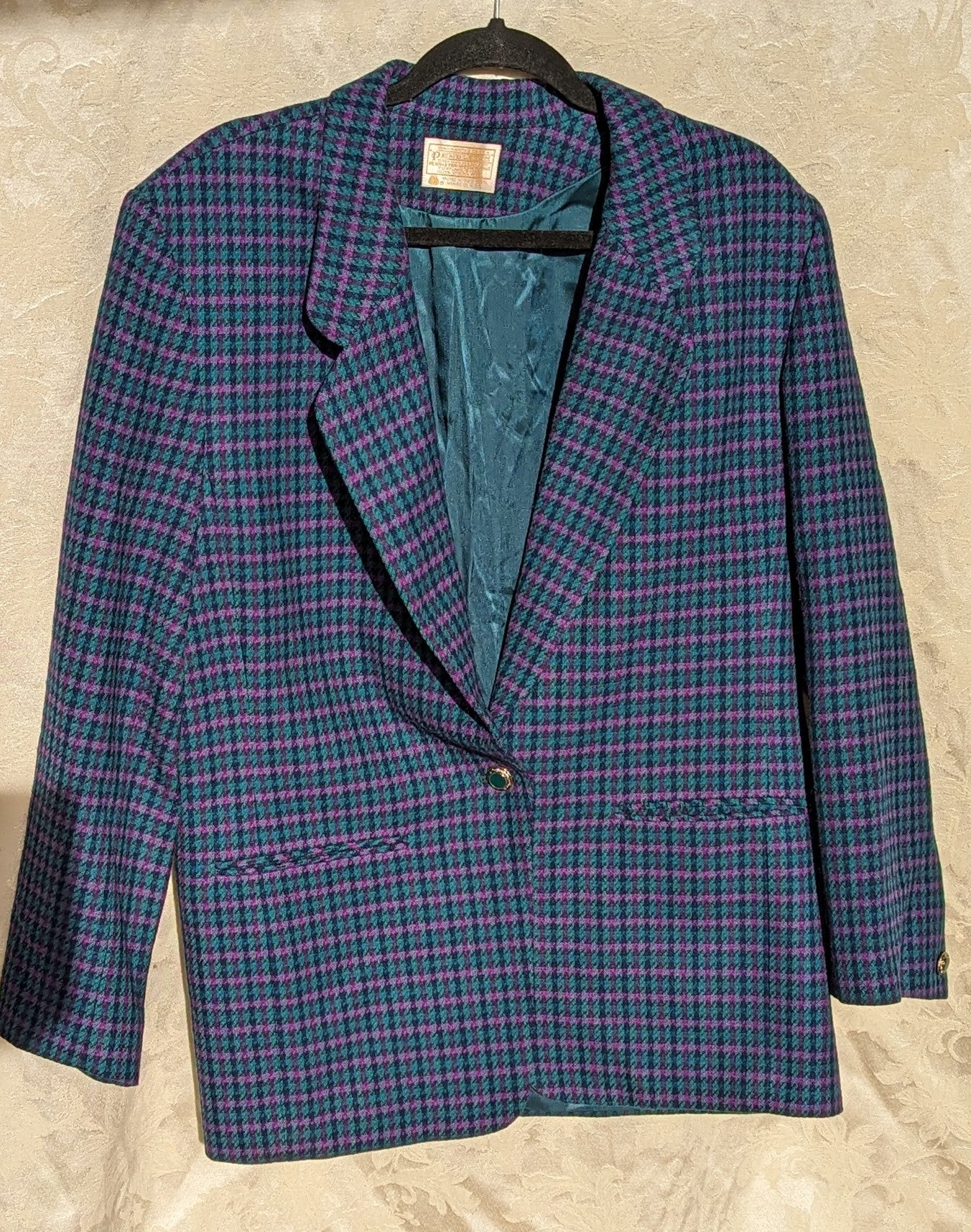 Vintage Pendleton Purple Green Black Houndstooth USA made 100% Wool Blazer Large