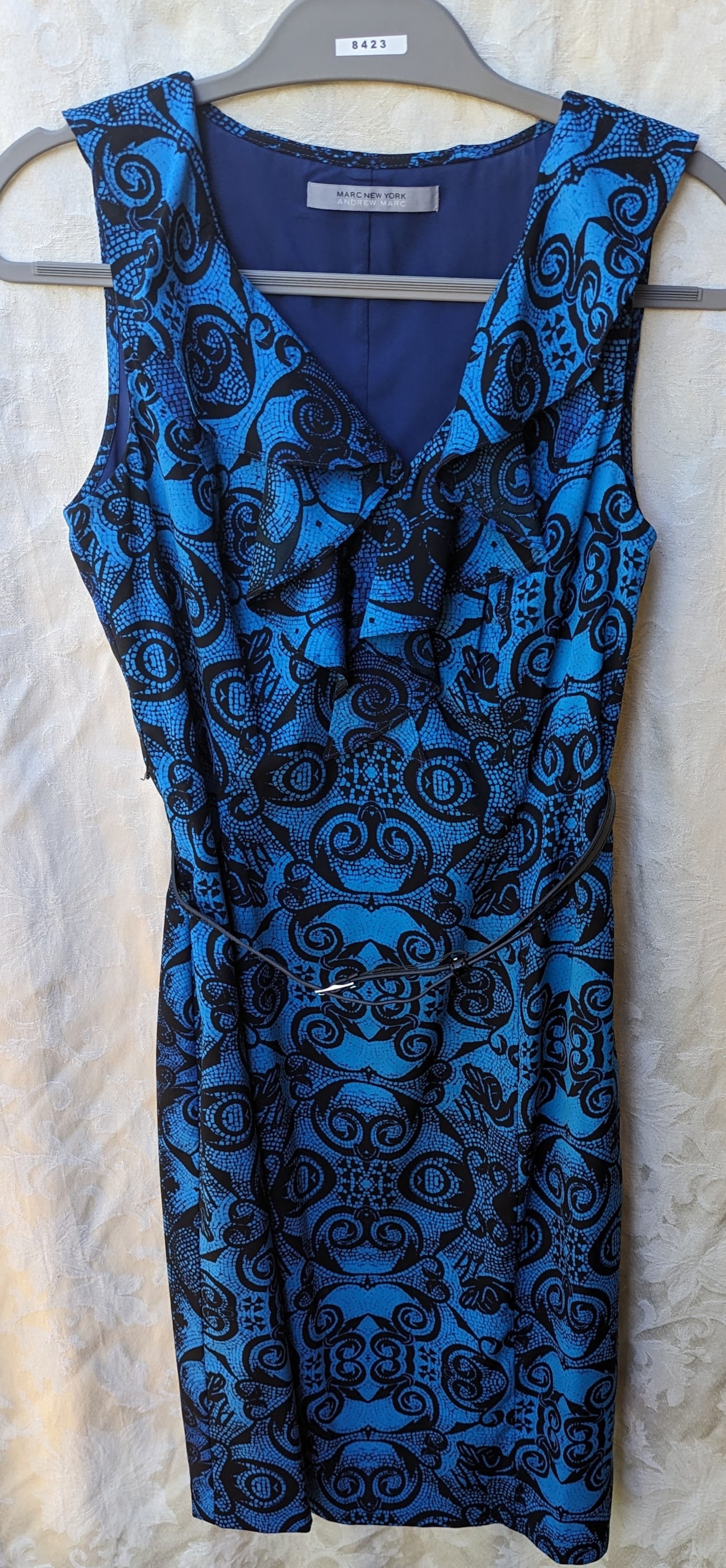 Andrew Marc New York Blue Black Printed Sheath Belted Dress Ruffle Collar Size 6