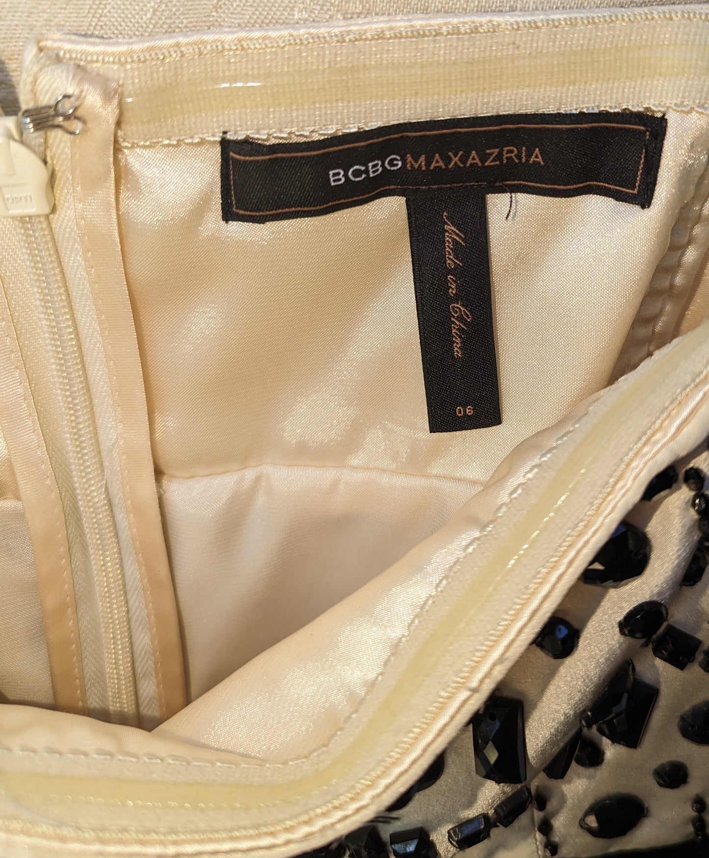 BCBG Max Azria Women's Fit Flare Silk Beaded Dress Sleeveless Beige Black Size 6