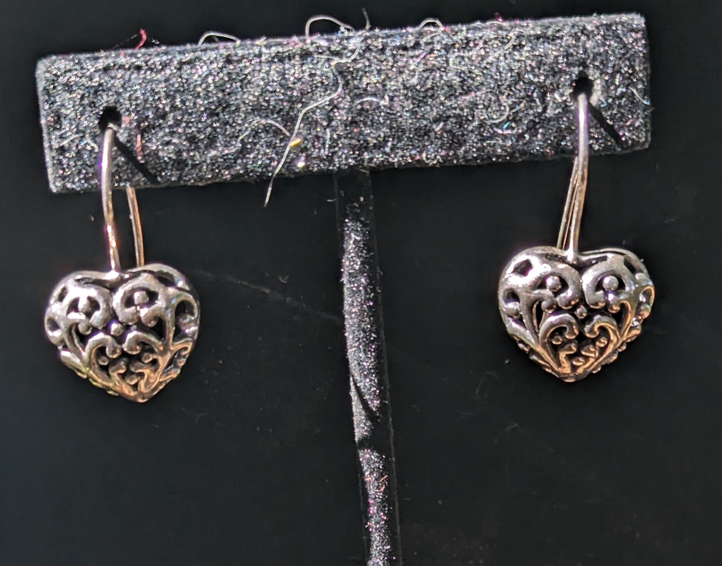 Vintage Sterling Silver Heart Filigree Dangle Earrings